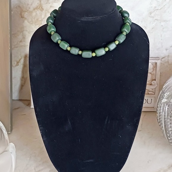 VNT RARE JADE Square Bead Necklace 925 Silver Dark Green + Light Green Beveled - Picture 2 of 14
